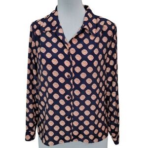 90s Worthington Essentials Womens 10 Navy Blue Medallion Print Button Up Blouse